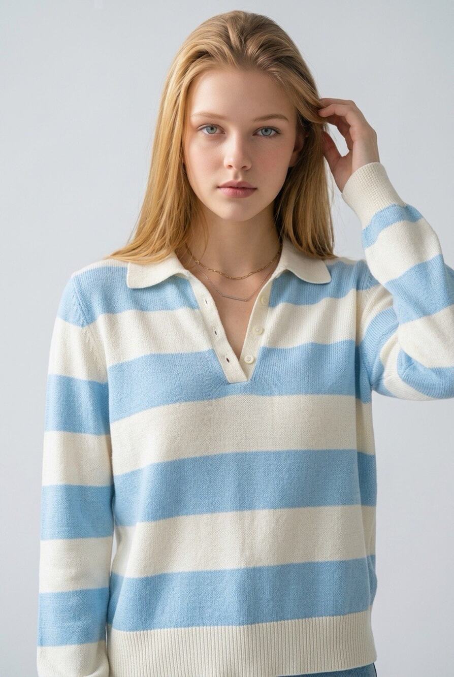 WILT Size M Collard Sweater Cream Light Blue Rugby Stripes Academia Preppy